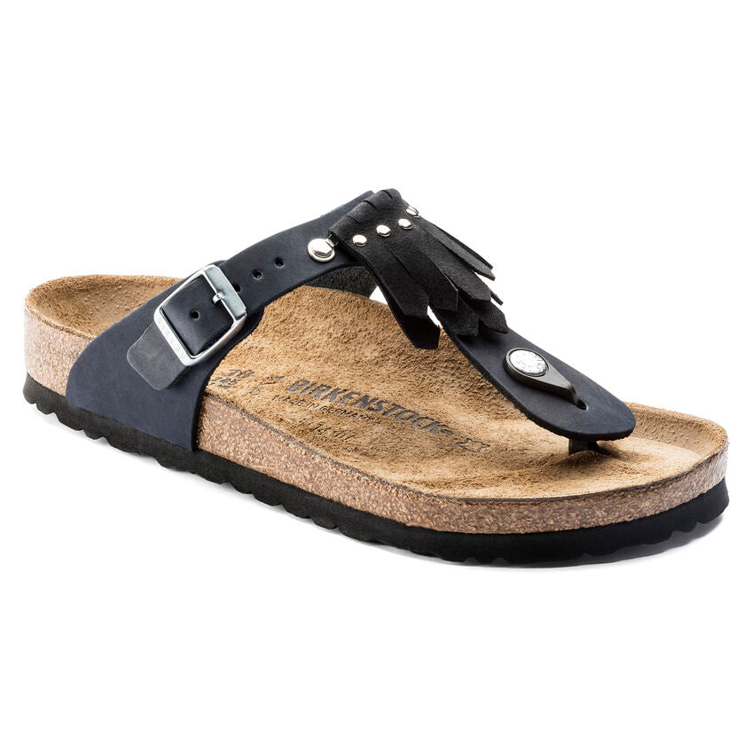 Gizeh Kiltie Fringe Black Oiled Leather Sandal - Birkenstock